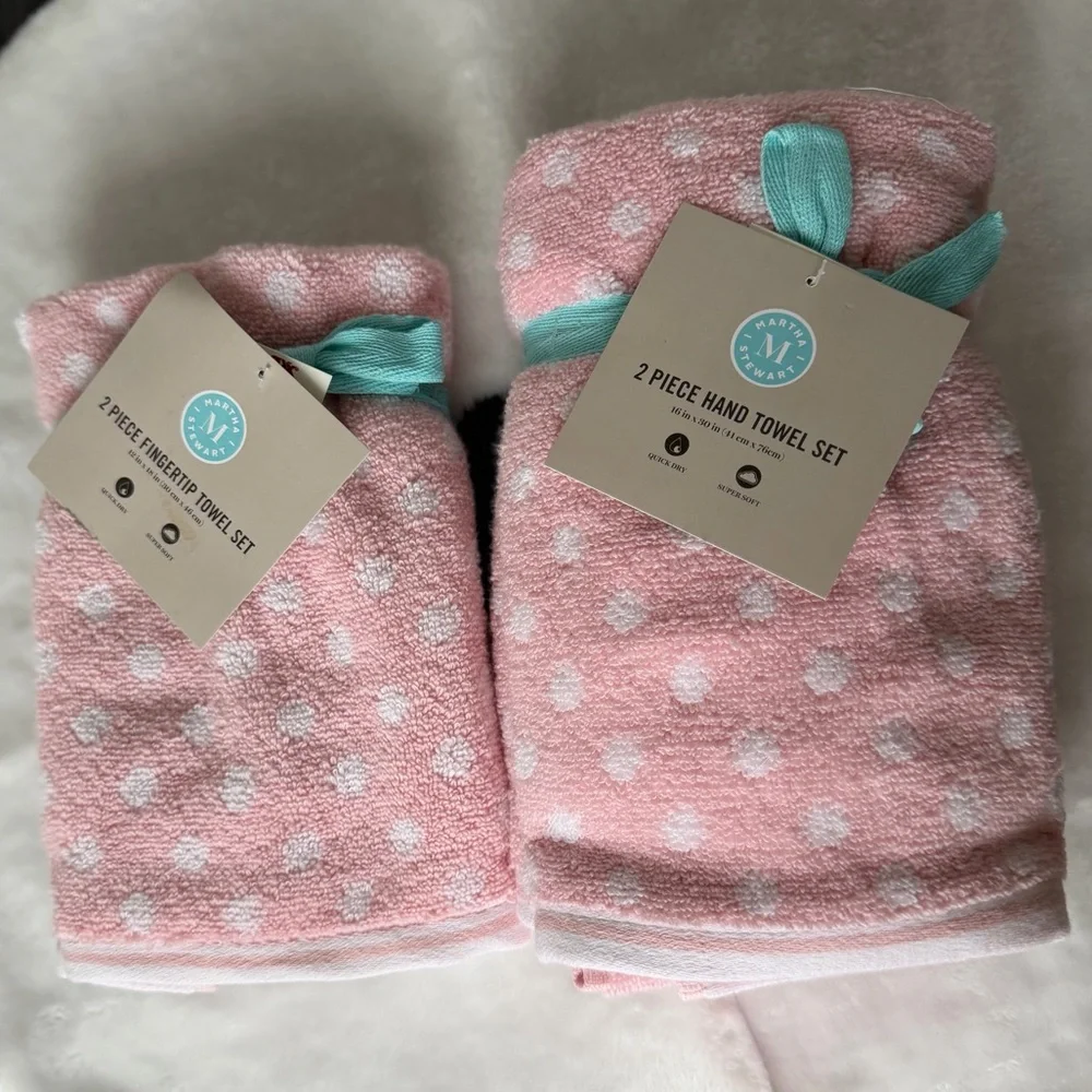 Martha Stewart 2 Hand & 2 Fingertip Towel Sets Quick Dry Cotton Pink Polka Dots